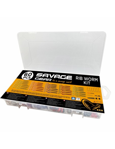 Savage Gear Rib Worm Kit da 60 pz Assortiti con Scatola Esche Artificiali Savage Gear