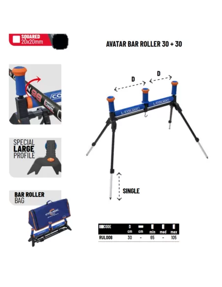 Colmic Avatar Bar Roller Rullo 65 cm 30+30 cm altezza massima 105 cm Rulli e Rod Rest Colmic
