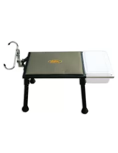 Fishing bench with tray and rod holder 