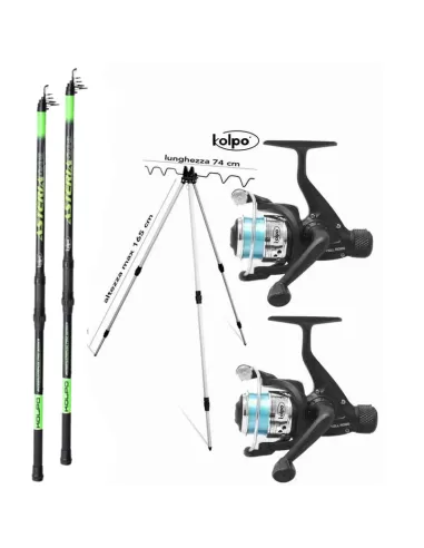 Kit Due Canna pesca Surf Fondo Due Mulinelli Filo Tripode Molo Kit da pesca Kolpo