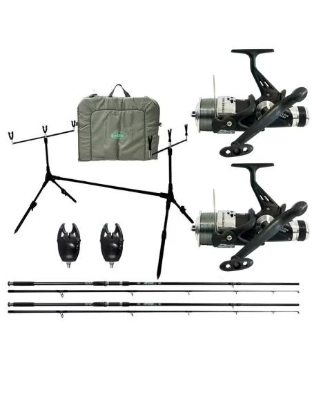 Kit Carpfishing Completo 2 Canne 2 Mulinelli Camo 2 Segnalatori 1 Pod 1 Materassino Slamatura Kit da pesca Kolpo