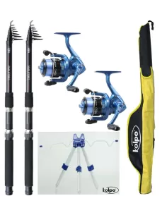 Kit pesca Completo Universale per Tutte le Tecniche 2 Canne 2 Mulinelli 1 Fodero 1 Tripode  Kit da pesca Kolpo