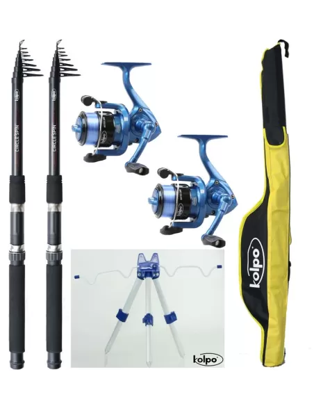 Kit pesca Completo Universale per Tutte le Tecniche 2 Canne 2 Mulinelli 1 Fodero 1 Tripode  Kit da pesca Kolpo
