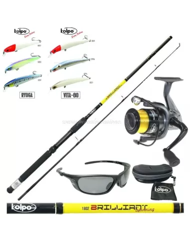 Kolpo Kit Spinning Canna Mulinello Filo 6 Artificiali e occhiali Polarizzati Kit da pesca Kolpo