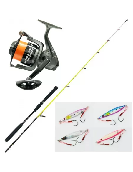Kolpo KIt Pesca Light Jig Canna in Carbonio Mulinello Filo 4 Jig 20 gr Kit da pesca Kolpo