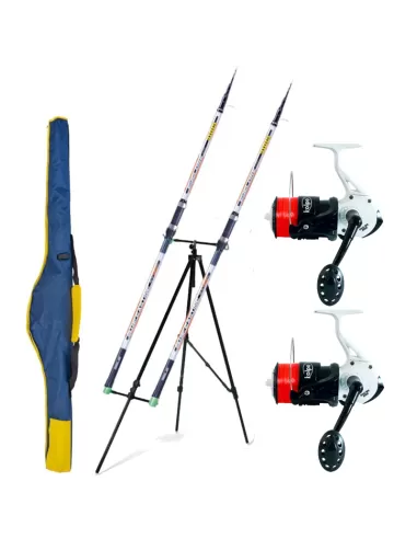 Kit Combo Pesca Surfcasting Completo di 2 Canne 2 Mulinello Tripode e Fodero Kit da pesca Sele