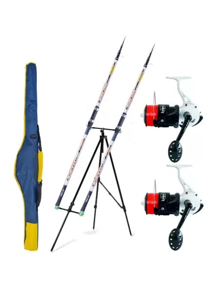 Kit Combo Pesca Surfcasting Completo di 2 Canne 2 Mulinello Tripode e Fodero Kit da pesca Sele