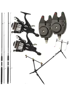 Kit Carpfishing Canne Stalker 8ft 2.40mt 2.00lb 2 Mulinell 2 Avvisatori Rod Pod Completo Kit da pesca NGT