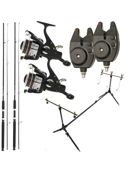 Kit Carpfishing Canne Stalker 8ft 2.40mt 2.00lb 2 Mulinell 2 Avvisatori Rod Pod Completo Kit da pesca NGT