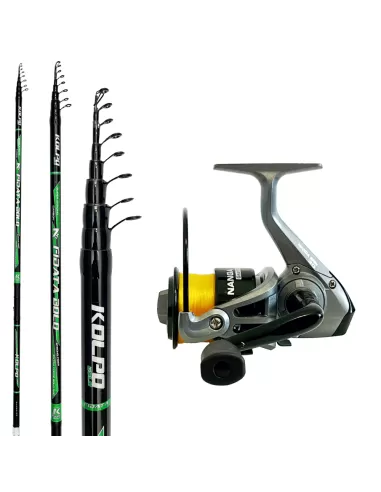 Kolpo Kit Pesca Bolognese Canna in Carbonio 7 mt + Mulinello Nanga con Filo Kit da pesca Kolpo