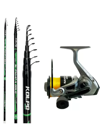 Kolpo Kit Pesca Bolognese Canna in Carbonio 7 mt + Mulinello Nanga con Filo Kit da pesca Kolpo