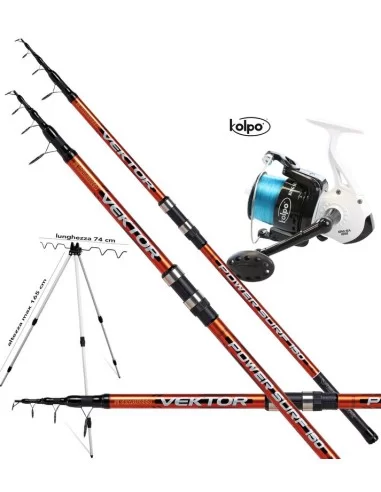 Kit Combo Surfcasting Vektor 4 mt 150 gr Mulinello Filo Tripode Molo Kit da pesca Trabucco