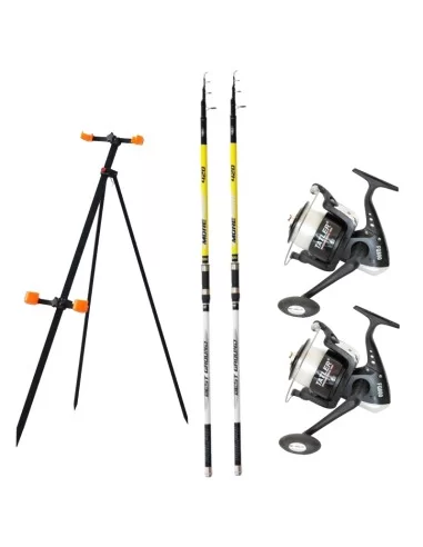 Combo Pesca Surfcasting 2 Canne in Carbonio 2 Mulinelli Filo Tripode Kit da pesca Tatler