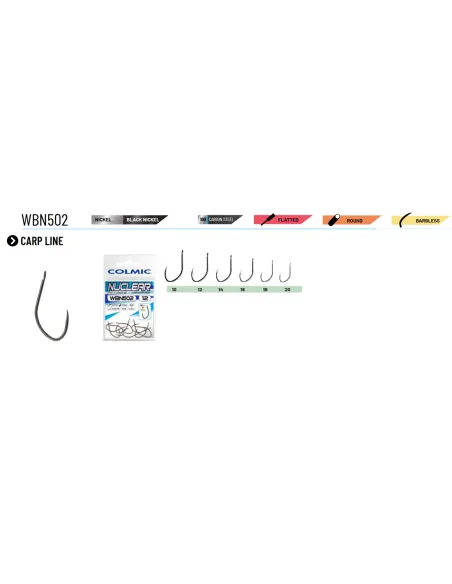 Colmic WBN502 fishing hook with black nickel barbless blade suitable for carp fishing. Fishing Blade Hooks...