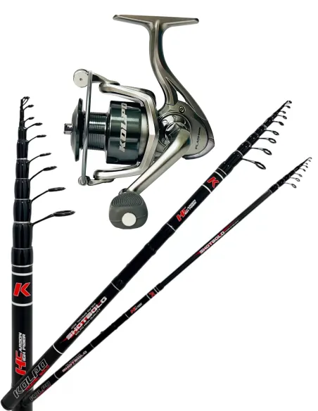 Kolpo Kit Pesca Bolognese Pezzatura Corta Travel in Carbonio con mulinello Kit da pesca Kolpo