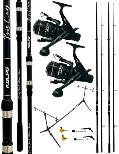 Kolpo combo da pesca carpfishing 2 canne + 2 mulinelli con filo + rodpod + 2 avvisatori visivi Kit Carpfishing Kolpo