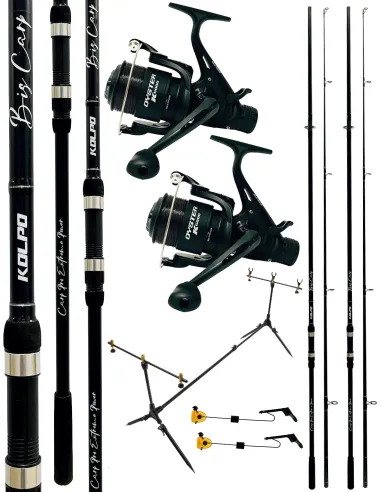 Kolpo combo da pesca carpfishing 2 canne + 2 mulinelli con filo + rodpod + 2 avvisatori visivi Kit Carpfishing Kolpo