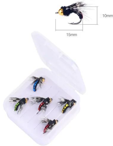 Set Kolpo 5 Mosche Affondanti da Pesca a Mosca – Realistiche su Amo 10×15 mm, Alta Qualità Mosche affondanti Kolpo