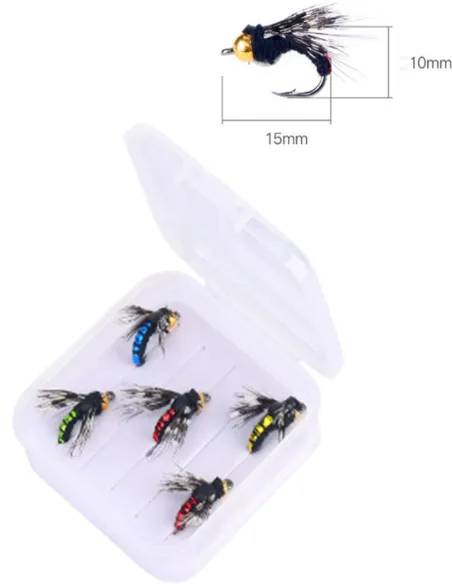Set Kolpo 5 Mosche Affondanti da Pesca a Mosca – Realistiche su Amo 10×15 mm, Alta Qualità Mosche affondanti Kolpo
