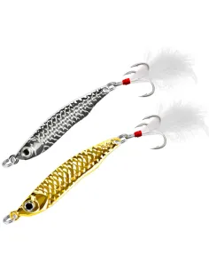 Kolpo Metal Jig Real 10g – Metal Jig Professionale con Ancoretta e Piuma, Silver e Gold per Pesca Verticale Jig Kolpo
