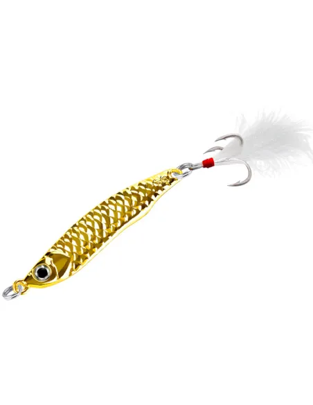 Kolpo Metal Jig Real 15 g – Professional Metal Jig with Treble Hook and Feather, Silver and Gold for Vertical Fishing