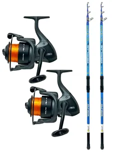 Kolpo Combo Surfcasting Doppia 2 Canne Esemplare Surf + 2 Mulinelli Aria 6000 con Nylon Pesca Mare Kit Surfcasting Kolpo
