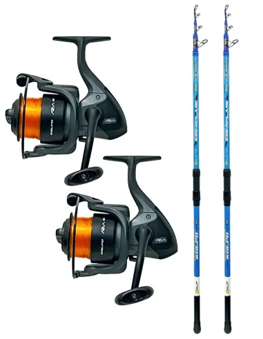 Kolpo Combo Surfcasting Doppia 2 Canne Esemplare Surf + 2 Mulinelli Aria 6000 con Nylon Pesca Mare Kit Surfcasting Kolpo
