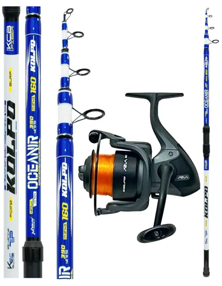 Combo Surfcasting Kolpo Oceanir 3,90-4,20 m 160 g + Mulinello Aria 6000 con Nylon Pronto Pesca Mare Kit Surfcasting Kolpo
