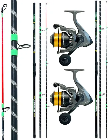 Combo Surfcasting Kolpo 2 Canne 3 Sezioni + 2 Mulinelli Nanga con Nylon Mare Kit Surfcasting Kolpo